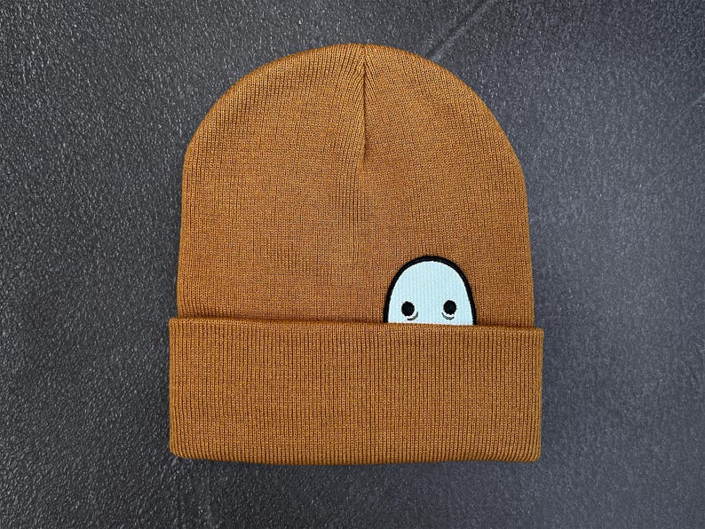 Ghost Knit Cuff Hat, Original Embroidered Ghost Art, Cozy Halloween Beanie Rame