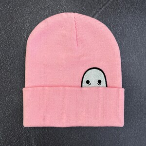 Ghost Knit Cuff Hat, Original Embroidered Ghost Art, Cozy Halloween Beanie Pink