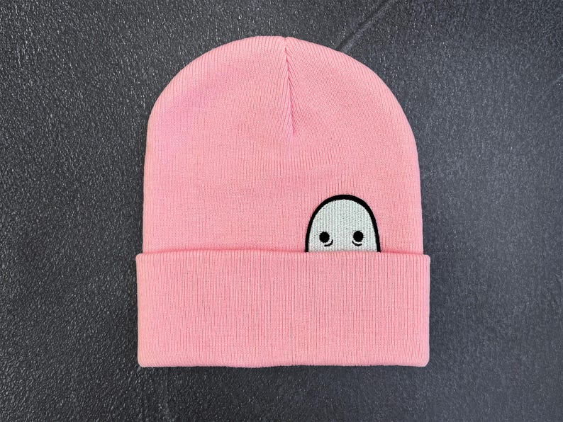 Ghost Knit Cuff Hat, Original Embroidered Ghost Art, Cozy Halloween Beanie Pink