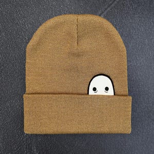 Ghost Knit Cuff Hat, Original Embroidered Ghost Art, Cozy Halloween Beanie Khaki