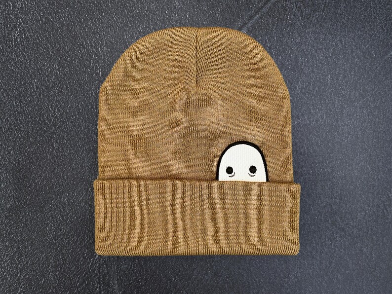 Ghost Knit Cuff Hat, Original Embroidered Ghost Art, Cozy Halloween Beanie Khaki