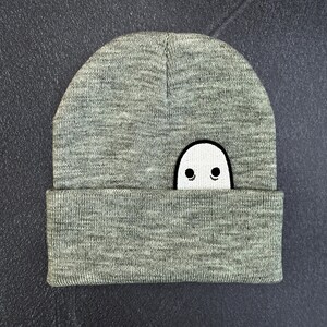 Ghost Knit Cuff Hat, Original Embroidered Ghost Art, Cozy Halloween Beanie Light Gray