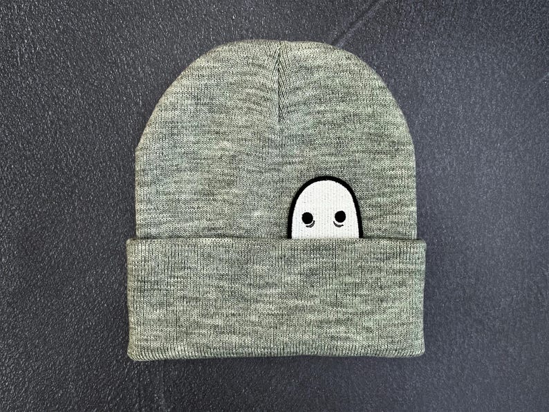 Ghost Knit Cuff Hat, Original Embroidered Ghost Art, Cozy Halloween Beanie Light Gray
