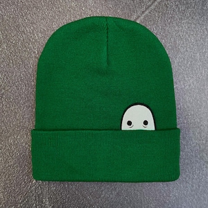 Ghost Knit Cuff Hat, Original Embroidered Ghost Art, Cozy Halloween Beanie Kelly Green