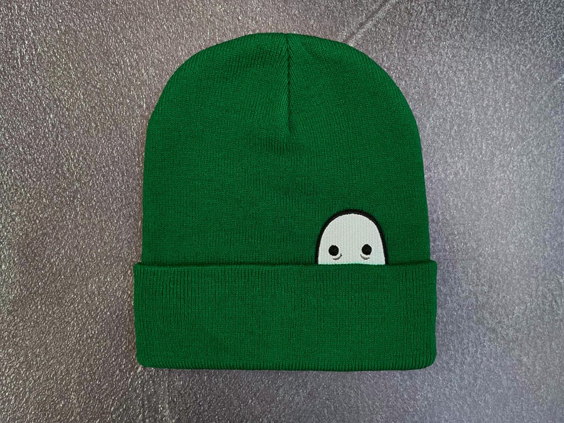 Ghost Knit Cuff Hat, Original Embroidered Ghost Art, Cozy Halloween Beanie Kelly Green