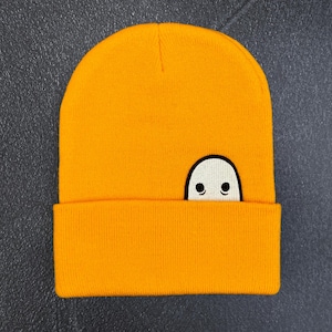 Ghost Knit Cuff Hat, Original Embroidered Ghost Art, Cozy Halloween Beanie Giallo