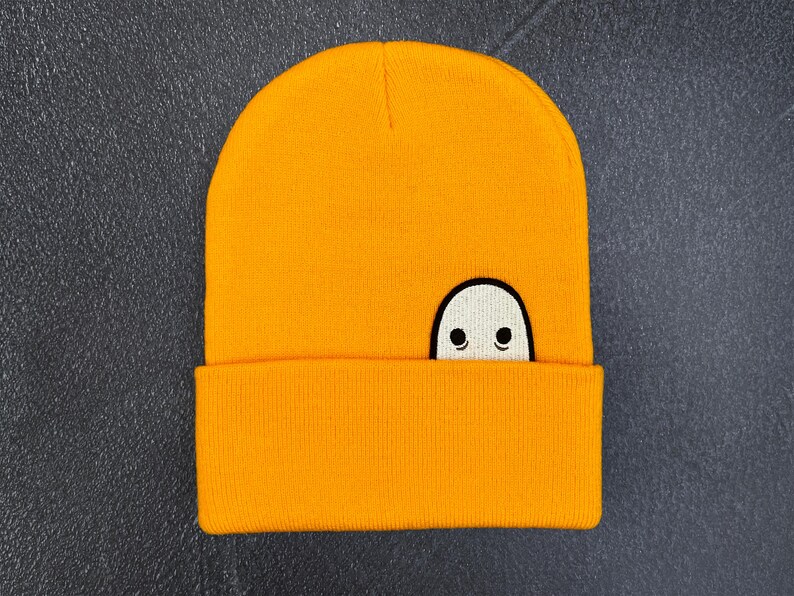 Ghost Knit Cuff Hat, Original Embroidered Ghost Art, Cozy Halloween Beanie Giallo