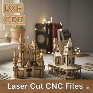 Planos DXF de un castillo gótico y una casa victoriana cortados con láser (descarga digital)