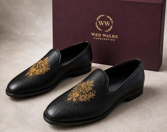 Wedwalks - Zwarte loafers van veganistisch leer | Geborduurde trouwschoenen met Zardosi Dabka-motief voor mannen