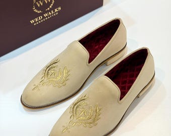 Wedwalks - Ivory Gold Embroidered Loafers | Men's Suede Velvet Sherwani Shoes