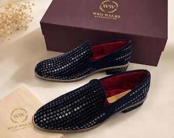 Men's Navyblue Velvet Sequin Loafers | Luxury Groom Wedding Shoes | Handmade Party Slip-On