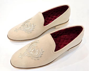 Cream Wedding Loafers for Groom | Hand Embroidered Men’s Shoes | Handmade Ethnic Shoes