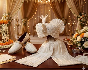 Ivory Silk Pagri Set – Embroidered Stole, Shoes for Groom's Wedding Look