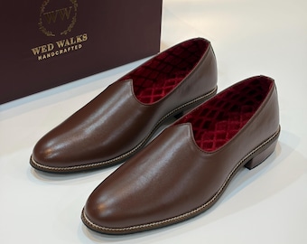 Wedwalks - Brown Vegan Leather Jutti for Men | Men's Mojari for Sherwani | Handmade Groom Jutti | Ethnic Wedding Jutti
