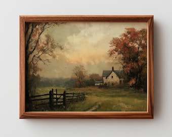 May include: A framed landscape painting depicting a rural scene with a small white house, a dark wooden fence in the foreground, and trees with autumn-toned foliage under a cloudy, soft-lit sky. The artwork is enclosed in a medium-brown wood frame.