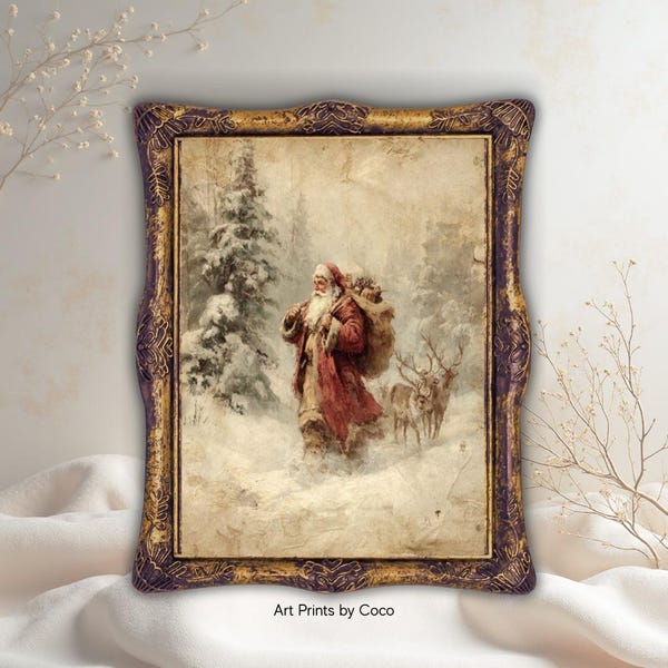 Vintage Santa Reindeer Christmas Print: Rustic Holiday Decor (Digital Download)