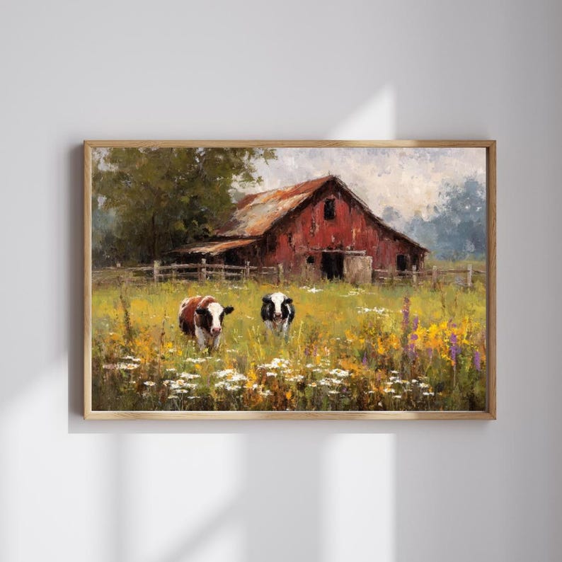 Spring Barn Drawings Vintage Spring Barn and Cows Print: Rustic Antique Spring Decor ...