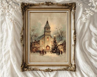 May include: Framed vintage print of a church at night, with a decorated Christmas tree and figures in the snow. The ornate gold frame surrounds the artwork. The text "ART PRINTS BY COCO" is at the bottom.