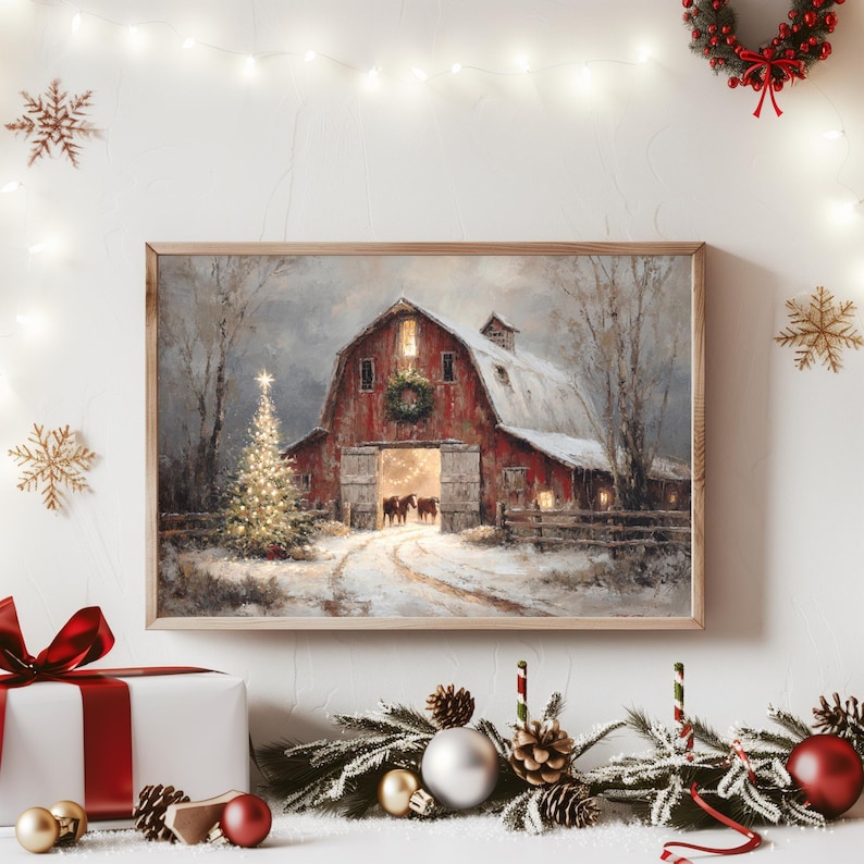 Vintage Christmas Red Barn With Horses Print: Rustic Winter Decor ...