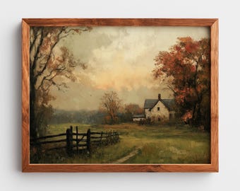 Peut inclure: Une peinture de paysage dans un cadre en bois représentant une scène rurale avec une maison blanche, une clôture en bois sombre et des arbres au feuillage automnal sous un ciel nuageux. L'œuvre présente des tons verts, bruns et orangés.