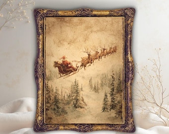 May include: A framed vintage print depicts Santa Claus in his sleigh, pulled by reindeer, flying over a snowy forest. The artwork is in a decorative purple and gold frame. The text "Art Prints by Coco" is at the bottom.