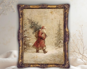 May include: A framed print showing Santa Claus walking through a snowy forest with a Christmas tree. The artwork has a vintage style, with Santa in a red robe and an ornate frame. The text "Art Prints by Coco" is at the bottom of the image.