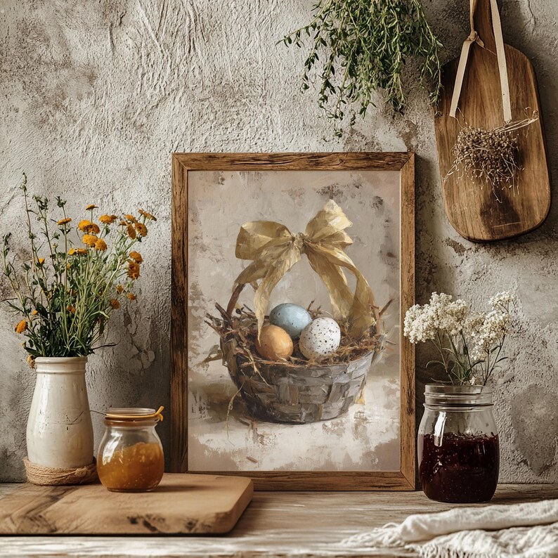 Vintage Easter Basket Eggs Wall Art Print: Rustic Farmhouse Spring