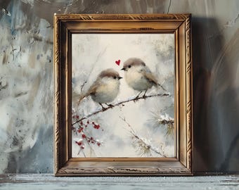 May include: A framed painting depicts two small birds perched on a snow-covered branch. The birds have gray and brown feathers, with a small red heart above them. The painting is in a gold-colored frame.