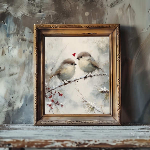 Vintage print met valentijnsvogels: rustiek huisdecor (digitale download)
