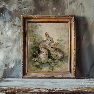 May include: A framed vintage print depicting three rabbits amongst green foliage and yellow flowers. The artwork is set within a distressed, ornate gold-toned frame, adding a touch of rustic charm to the scene.