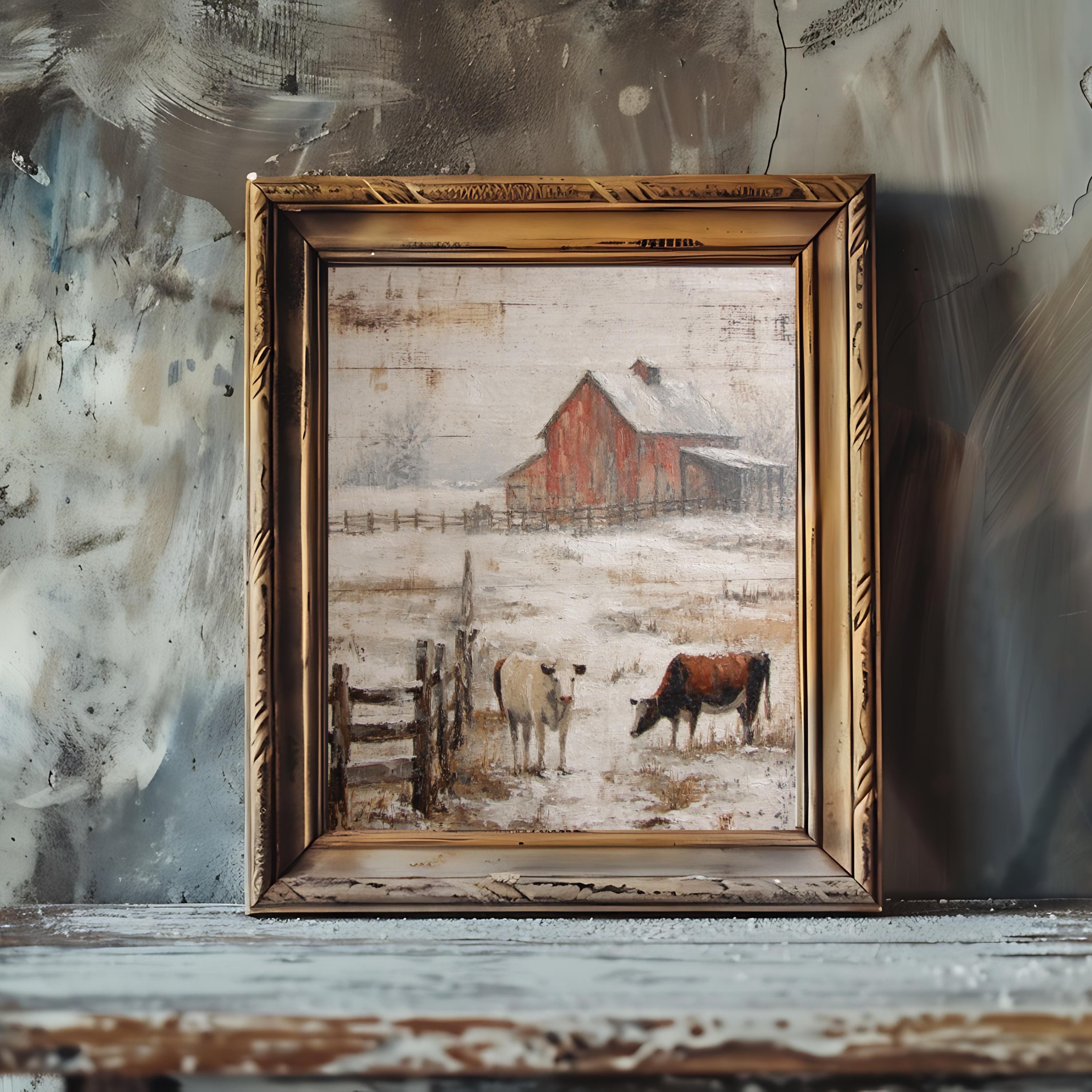 Rustic Large Print Vintage Farmhouse Cow Print: Rustic Red Barn Landscape (physical Print ...