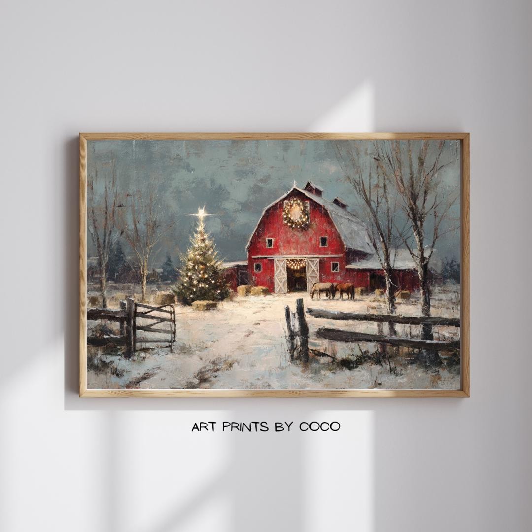 Vintage Christmas Red Barn With Horses Print: Rustic Winter Landscape ...