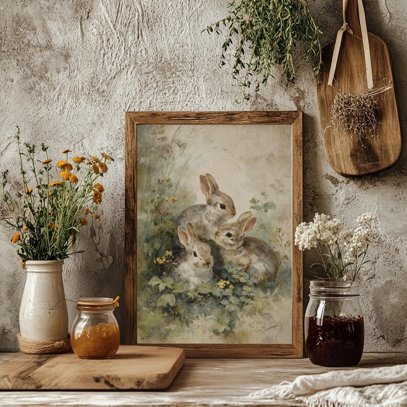 Rustic Farmhouse Rabbits Print: Rustic Spring Easter Vintage Wall Art ...