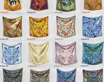 Asian Art Silk Feel Bandana Scarf – 26 Oriental Print Designs, Dragon Luxury Satin Square Headscarf, Elegant Women’s Neck & Hair Accessory