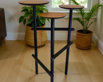 Hand turned Teak 3-Tiered Table - Charred Black Finish