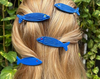 Handmade Sardine Hair Clips | Clay Fish Barrettes | Blue Summer Accessory