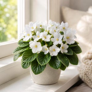 May include: A potted African violet plant featuring numerous bright white flowers with small yellow centers. The plant has thick, dark green, fuzzy, oval-shaped leaves arranged in a dense rosette, housed in a simple, speckled, light beige ceramic pot.