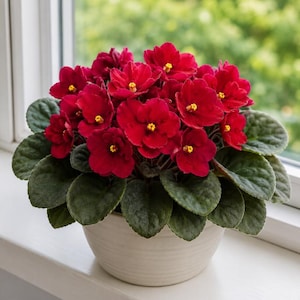 May include: A potted African violet plant featuring numerous deep red, five-petaled flowers with bright yellow centers. The plant has thick, dark green, rounded, fuzzy leaves and is contained in a simple, off-white, ribbed ceramic pot.