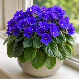 May include: A vibrant African violet plant with numerous deep purple, five-petaled flowers featuring small yellow centers. The plant has thick, fuzzy, dark green leaves and is potted in a simple, smooth, light-colored, rounded ceramic bowl.
