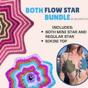 May include: A crochet pattern bundle titled BOTH FLOW STAR BUNDLE BY @CHANTYLOOPS. Includes a large star-shaped crochet piece in pinks and olive, a smaller star in blue, orange, and purple, and a bikini top with olive and blue star-shaped cups.
