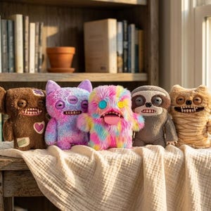 May include: Five plush monster toys lined up in a row. The first is brown with patches, the second is purple and blue tie-dye, the third is rainbow-coloured with button eyes, the fourth is a grey sloth-like creature, and the fifth is tan and textured.