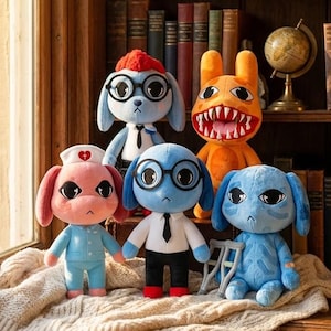 May include: A collection of five plush toys featuring a pink nurse, a blue figure with glasses and a tie, a light blue figure with glasses and a tie, an orange creature with sharp teeth, and a blue figure with crutches and a textured body.