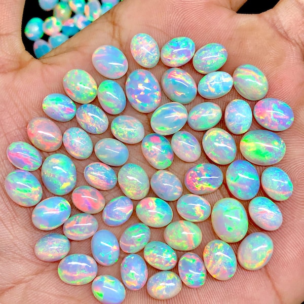 Lote de cabujones ovalados de ópalo blanco AAA+, piedra preciosa suelta de ópalo etíope Welo multifuego natural