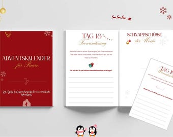 May include: A red Advent calendar for couples with gold text and snowflake accents. The calendar includes prompts for romantic activities. Open pages show prompts for a tea walk and a week's snapshots. A smaller page has a prompt for a wish list.