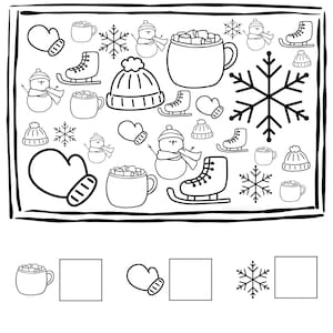 Puede incluir: Juego de invierno "I Spy" en blanco y negro. La hoja de trabajo presenta elementos de invierno como mitones, patines de hielo, muñecos de nieve, copos de nieve y chocolate caliente. El texto dice "Winter I SPY" y "Encuentra y cuenta los artículos de invierno".
