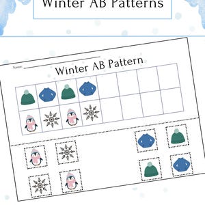 May include: A worksheet titled "Winter AB Patterns" features a pattern-matching activity. The top row shows a sequence of a green hat, a blue sweater, a green hat, and a blue sweater. Below are penguins and snowflakes.