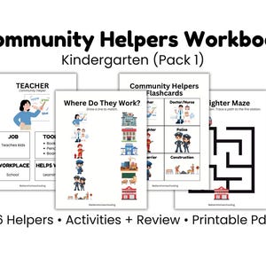 Peut inclure: Un cahier blanc intitulé "Community Helpers Workbook Kindergarten (Pack 1)" avec des illustrations d'auxiliaires communautaires. Comprend des fiches, des labyrinthes et des activités. Le texte comprend "6 Helpers • Activities + Review • Printable Pdf".