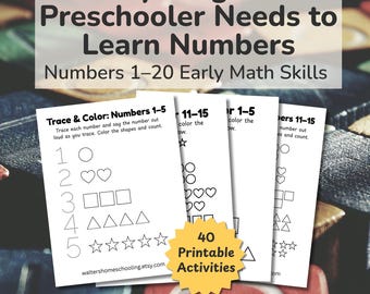 Numbers 1-20 Worksheets Printable | Preschool Pre-K Number Tracing Counting | 40 Pages Math | Homeschool Bundle