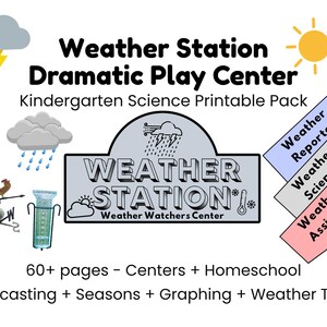 May include: A colorful educational graphic for a weather station dramatic play center. Includes illustrations of weather elements, a weather vane, and text that reads "Weather Station Dramatic Play Center" and "Kindergarten Science Printable Pack".