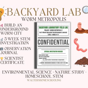 May include: A Backyard Lab Worm Metropolis educational kit featuring a grid-patterned field log titled Confidential, with illustrations of pink worms, soil mounds, a lightbulb, and a magnifying glass, plus text detailing a 5-week STEM investigation.